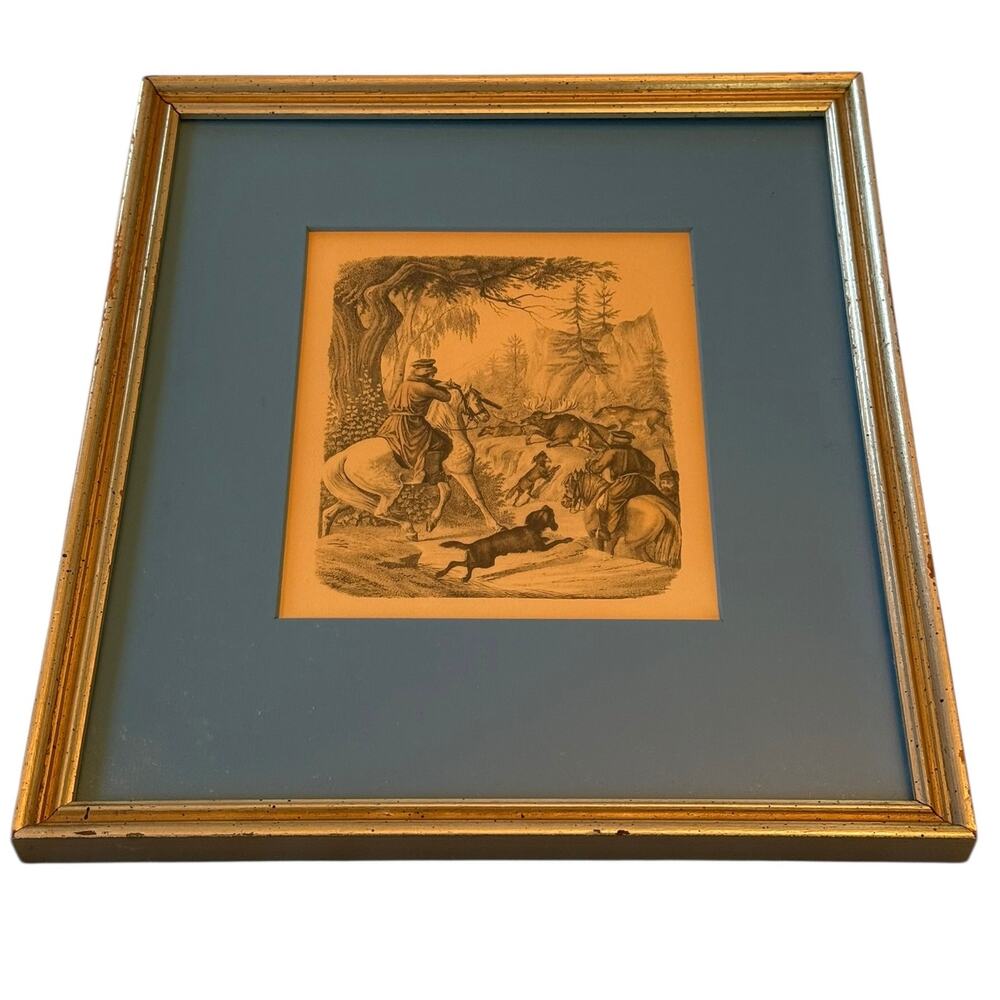 Gold Framed Antique German Handcolored Lithograph Print “The Elk Hunt”